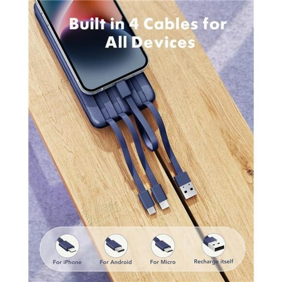 Portable charger 10000mAh slim power bank built in cables for iPhone Android - Picture 2 of 7